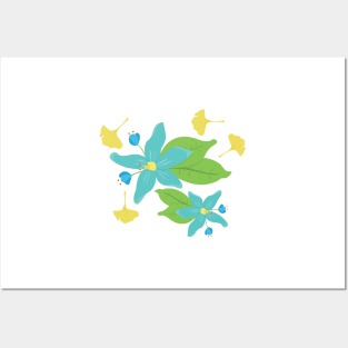 Blue Flower and Yellow Leaf Posters and Art